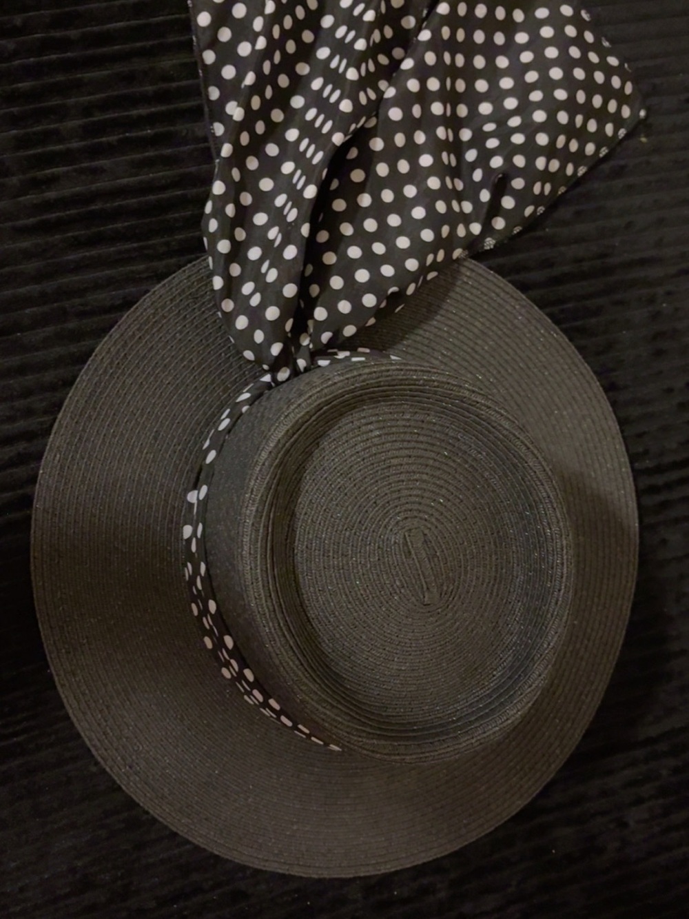 SHEIN Black Wide-Brim Straw Hat with Black & White Polka Dot Scarf